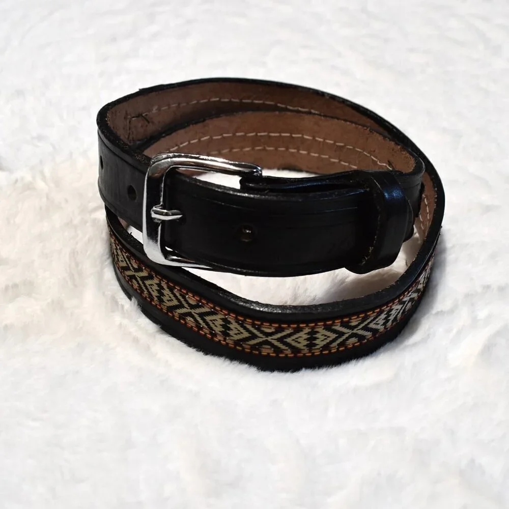 Western Black Leather Belt Sz 28 / 34 Aztec Rodeo Boho Cowboy Artisan